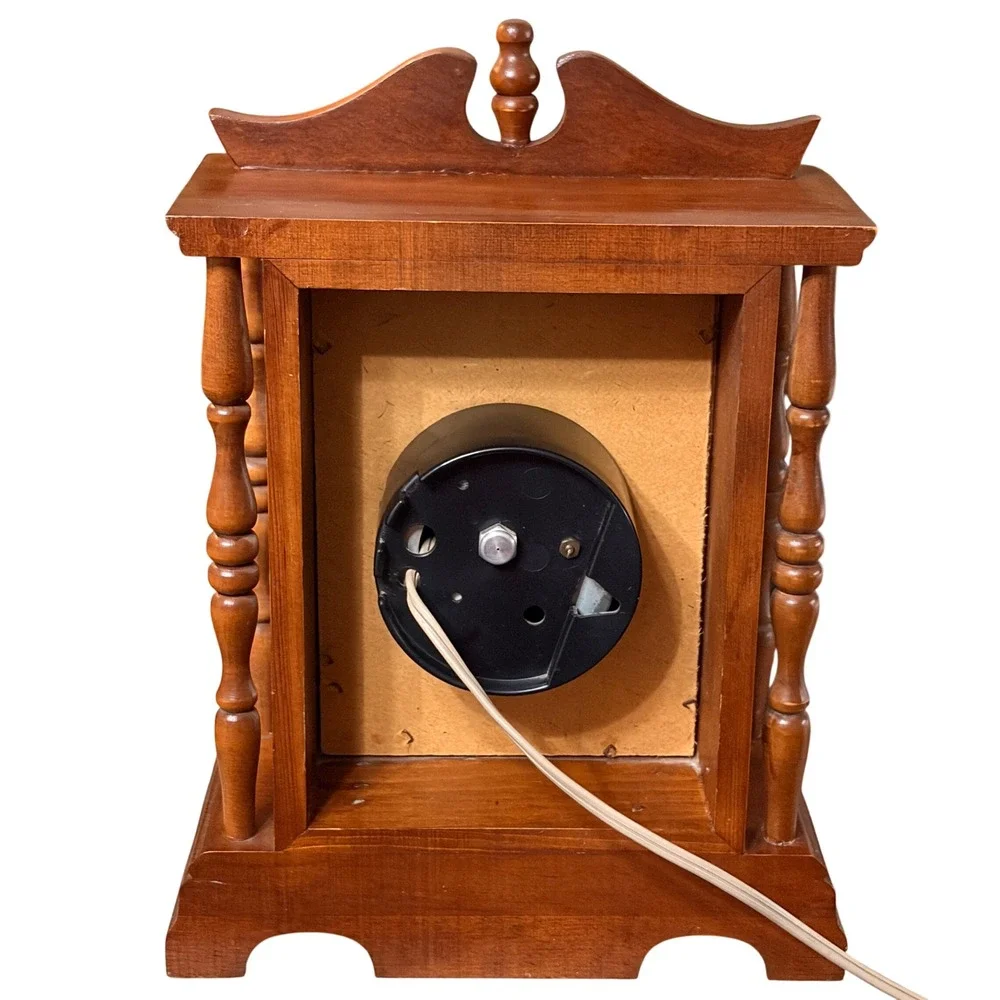 Vintage MaLeck Wood Mantel Clock Electric Spindle Pillars Roman Numerals Brown